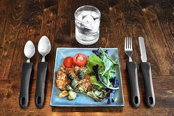 Adaptive Eating Utensils by Celley for Elderly, Handicapped | 4pc Easy Grip Silverware Stainless Steel Knife, Fork, 2 Spoons – (Black)