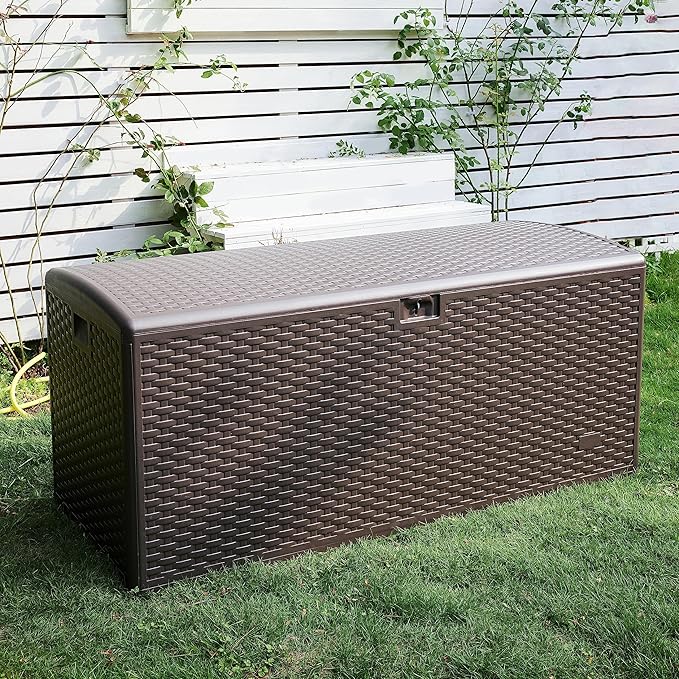 Amazon Basics Outdoor Patio Storage Box 150 Gallon Deck Box, Waterproof and Weather-resistant, Furniture Cushions Garden Tools, Brown