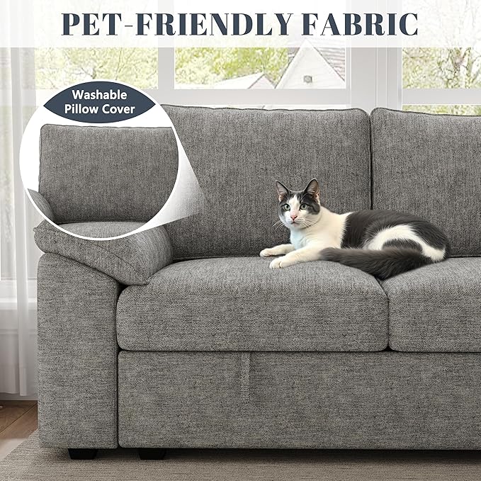 108 Inch Modular Sectional Sofa with Pull Out Bed,U Shaped 7 Seat Sectional Sleeper Sofa with Storage,Sectional Couches for Living Room,Cloud Modular Couch,Removable Sofa Cover,Light Gray