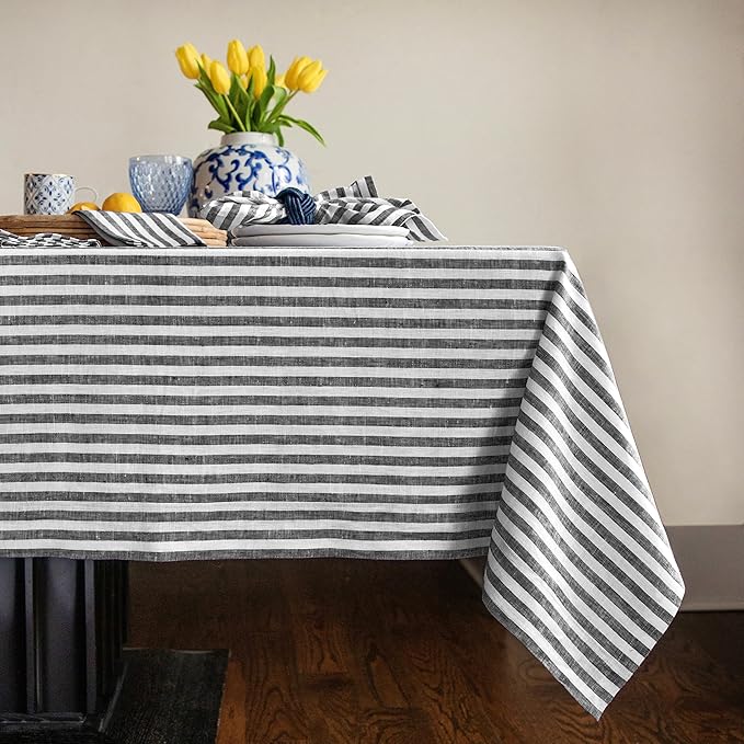 Solino Home Linen Tablecloth 60 x 90 Inch - Amalfi Stripe 100% Pure Linen Black and White Table Cloth for Rectangle Tables - Machine Washable Tablecloth for Fall, Autumn, Halloween, Thanksgiving