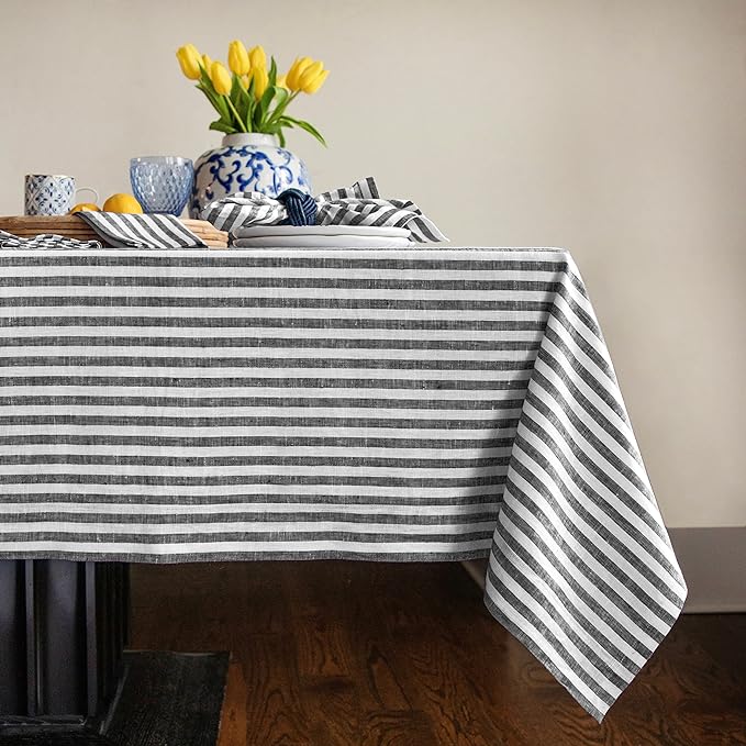 Solino Home Linen Tablecloth 60 x 120 Inch - Amalfi Stripe 100% Pure Linen Black and White Table Cloth for Rectangle Tables - Machine Washable Tablecloth for Fall, Autumn, Halloween, Thanksgiving