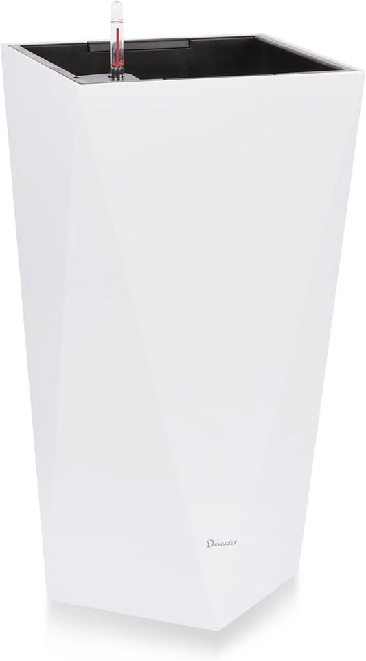 Dexceder 24 Inches Tall Self Watering Planter Diamond High Gloss Indoor Outdoor, Thickened Rhombus Large Floor Standing Flower Plant Pot with Water Level Indicator (White)