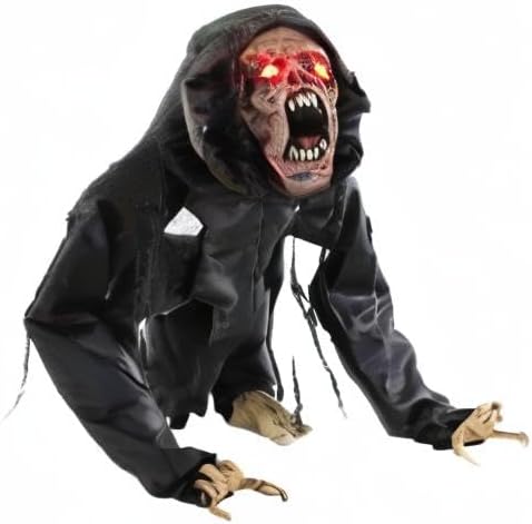 Haunted Hill Farm Scary Crouching Zombie, Halloween Animatronic with Touch Activated Lights and Sounds, Battery Operated Indoor or Covered Outdoor Halloween Decorations, Creepy Halloween Props