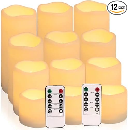 Flameless Battery Operated Outdoor Waterproof Set of 12(D: 3" x H: 3" 4" 5" 6") Pillar LED Candles with 10-Key Remote and Cycling 24 Hours Timer