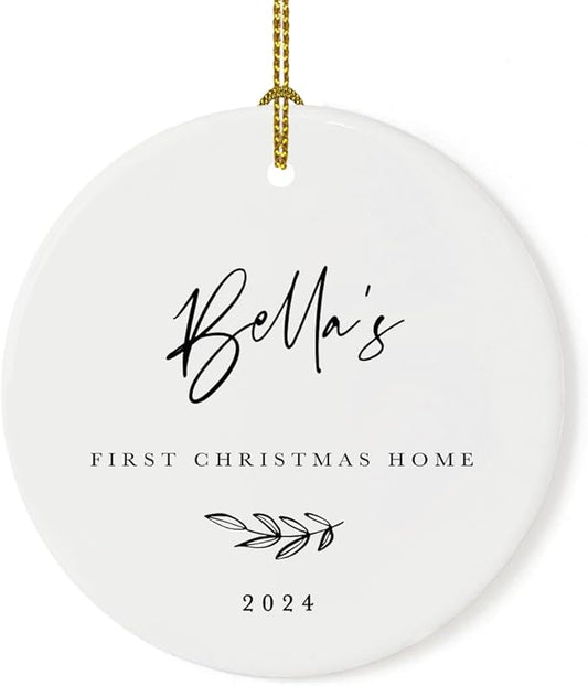 Andaz Press Personalized Dog Cat Pet Adoption Round Ceramic Porcelain Christmas Tree Ornament Engagement Collectible Gift for Baby, Bella's First Christmas Home 2024, Antique Handdrawn, 1-Pack