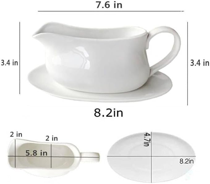 17oz Gravy Boat with Saucer Stand, Set of 1, Ceramic Sauce Boat with Tray for Salad Dressings,ketchup， Creamer, Broth, Black Pepper, White