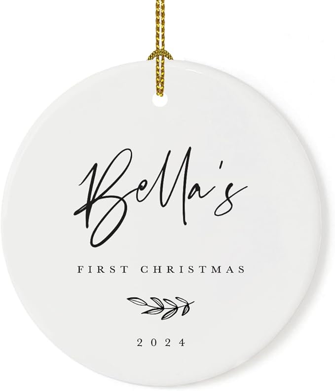 Andaz Press Personalized Baby 1st Christmas Round Ceramic Porcelain Christmas Tree Ornament Engagement Keepsake Collectible Gift, Olivia's First Christmas 2025, Antique Handdrawn, 1-Pack