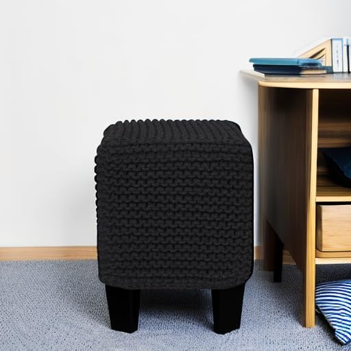 REDEARTH Cube Pouf Foot Stool Ottoman - Hand Knitted Poof - Cord Boho Pouffe - Home Décor - Stuffed Footrest for Living Room - Bedroom - Covered Patio (16" x 16" x 16") - Black