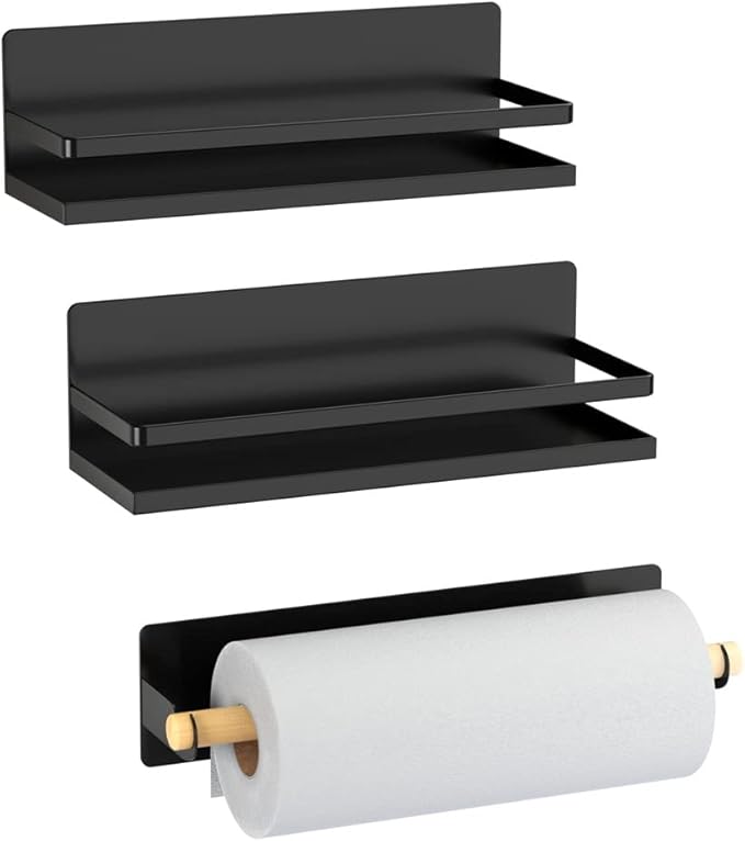 Magnetic Spice Rack Holder Paper Towel Holder with Hook for Refrigerator Fridge Organizer for Kitchen, Space Saver Container for Kitchen/Apartment, Drill Free, Black，3 Packs