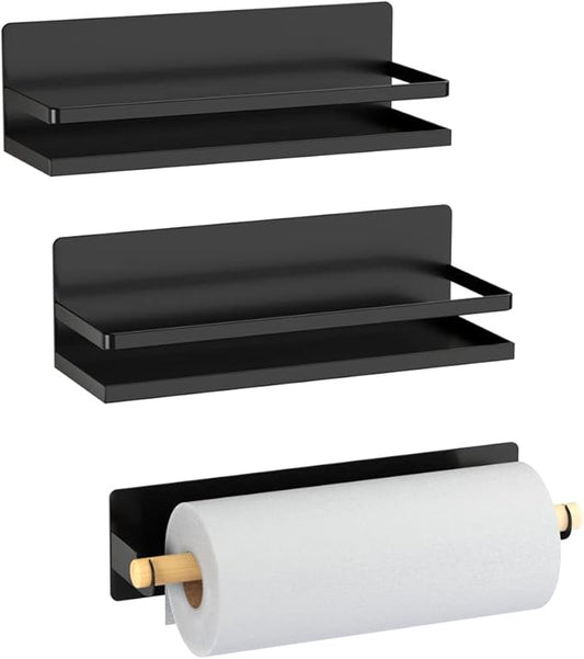 Magnetic Spice Rack Holder Paper Towel Holder with Hook for Refrigerator Fridge Organizer for Kitchen, Space Saver Container for Kitchen/Apartment, Drill Free, Black，3 Packs