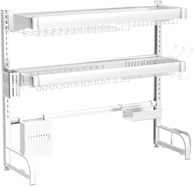 3 Tier Extra Large Stainless Steel Expandable Over The Sink Dish Drainer Drying Rack, Rust Proof Metal, Space Saving, Modern Silver Big Capacity Extendable Plate Strainers Above Kitchen Counter