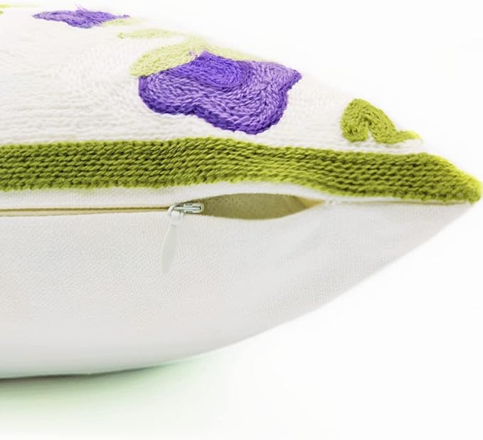 Alysheer Floral Embroidered Spring Decorative Throw Pillow Cover 18"x 18", Farmhouse Cottage Purple Flowers Green Leaves Knit Pattern Cotton Canvas Cushion Case for Sofa Couch Bed Living Room Decor