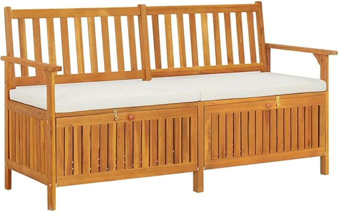 vidaXL Patio Storage Bench 58.3" - Solid Acacia Wood with Cream White Cushion - Versatile Wooden Bench for Indoor and Outdoor Use - with Ample Storage Space