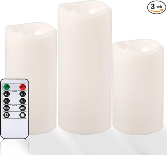 NURADA Large Waterproof Flameless Candles 6" 8" 10" x 4" - Outdoor Indoor LED Pillar Flickering Candle Battery Operated with Timer Remote for Patio Porch Lanterns - Ivory White Set of 3