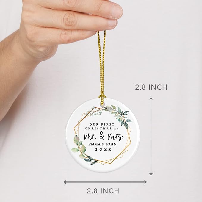 Andaz Press Personalized Our First Christmas As Mr. & Mrs. 2025 Christmas Ornaments Geometric Greenery 2.8" Round Porcelain Ceramic 1st Year Married Custom Ornament for Newlyweds Keepsake 1-Pack