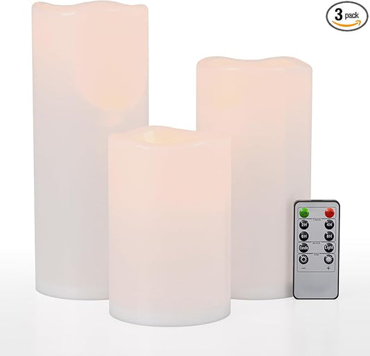 6" 8" 10" x 4" White Large Waterproof Outdoor Flameless Candles Battery Operated LED Flickering Pillar Candles with Remote and Timer for Indoor Outdoor Lanterns, Long Lasting, Set of 3