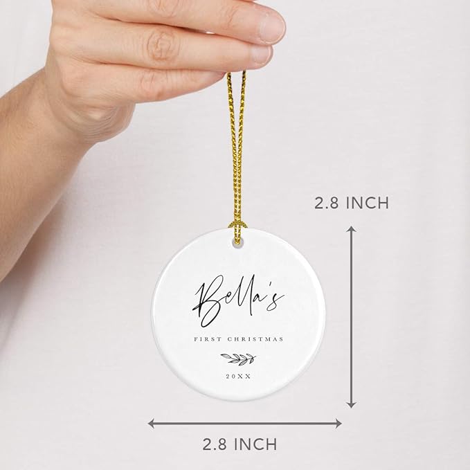 Andaz Press Personalized Baby 1st Christmas Round Ceramic Porcelain Christmas Tree Ornament Engagement Keepsake Collectible Gift, Olivia's First Christmas 2025, Antique Handdrawn, 1-Pack