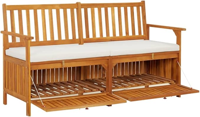 vidaXL Patio Storage Bench 58.3" - Solid Acacia Wood with Cream White Cushion - Versatile Wooden Bench for Indoor and Outdoor Use - with Ample Storage Space