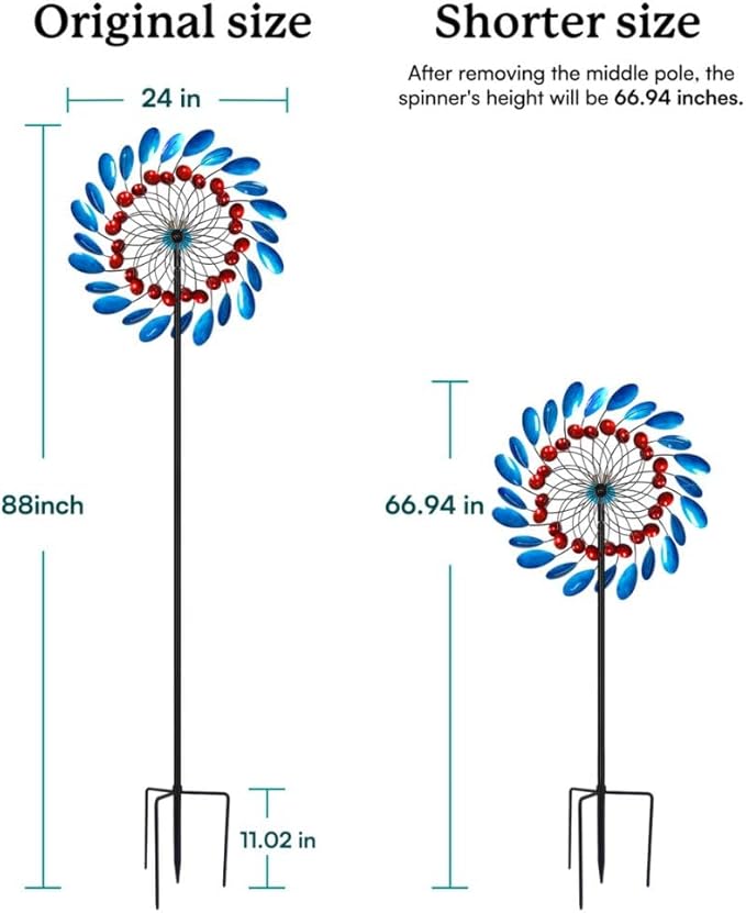 Solar Wind Spinners Outdoor, Colorful Large Garden Wind Spinners with Stake, Lawn Decor Windmill for Yard, Patio, Backyard (24'' W x 88'' H)