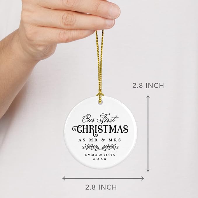 Andaz Press Personalized Our First Christmas As Mr. & Mrs. 2024 Christmas Ornaments Laurel Wreath Leaves 2.8" Round Porcelain Ceramic 1st Year Married Custom Ornament Keepsake for Newlyweds 1-Pack
