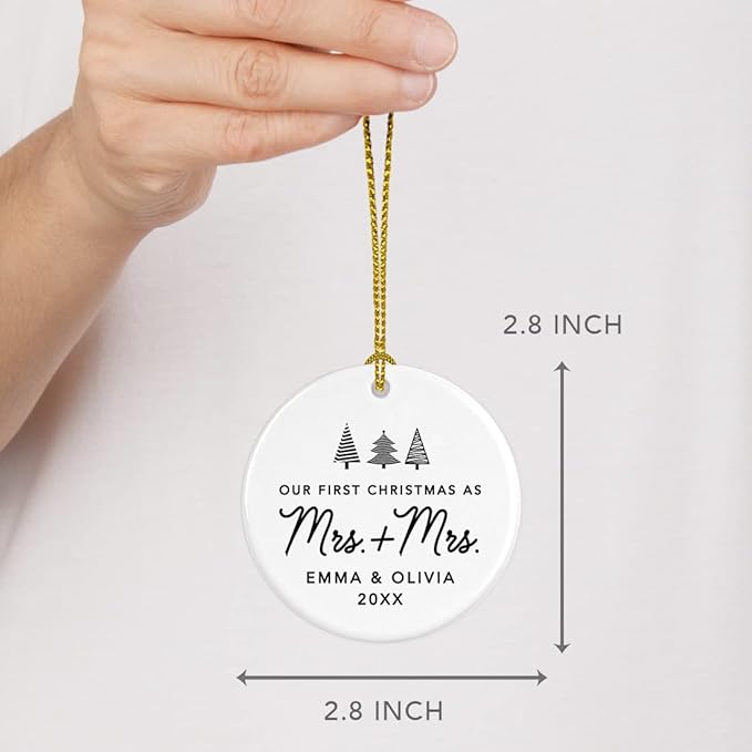 Andaz Press Personalized Our First Christmas As Mrs. & Mrs. 2025 Christmas Ornaments Christmas Trees Design 2.8" Round Porcelain Ceramic Lesbian Married Couple Gay Women Newlyweds Keepsake 1-Pack