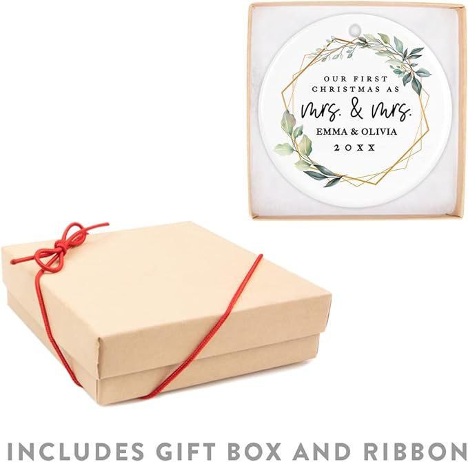 Andaz Press Personalized Our First Christmas As Mrs. & Mrs. 2025 Christmas Ornaments Geometric Greenery 2.8" Round Porcelain Ceramic Lesbian Married Couple Gay Women Newlyweds Wedding Keepsake 1-Pack