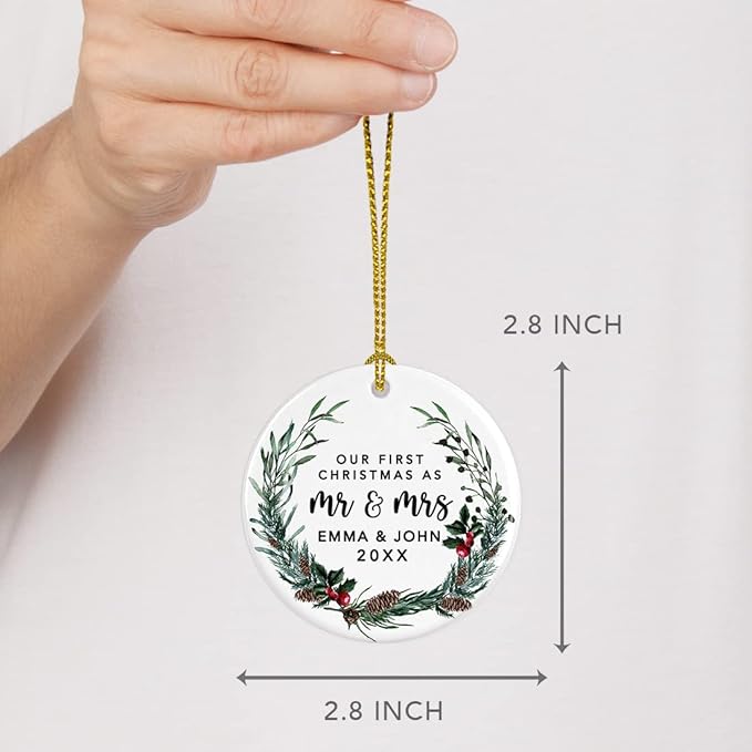 Andaz Press Personalized Our First Christmas As Mr. & Mrs. 2024 Christmas Ornaments Holly & Pinecone Wreath 2.8" Round Porcelain Ceramic 1St Year Married Custom First Christmas Married Ornament 1-Pack