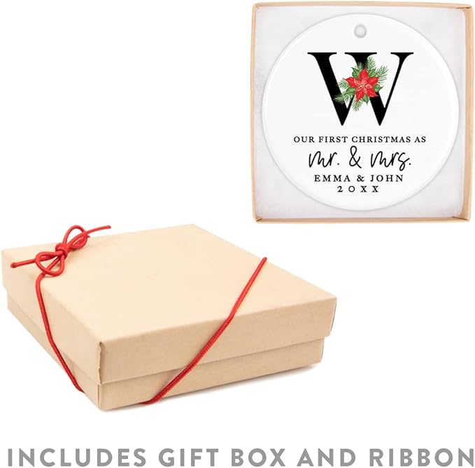 Andaz Press Personalized Our First Christmas As Mr. & Mrs. 2025 Christmas Ornaments Monogram Poinsettia 2.8" Round Porcelain Ceramic 1st Year Married Custom Ornament Keepsake for Newlyweds 1-Pack