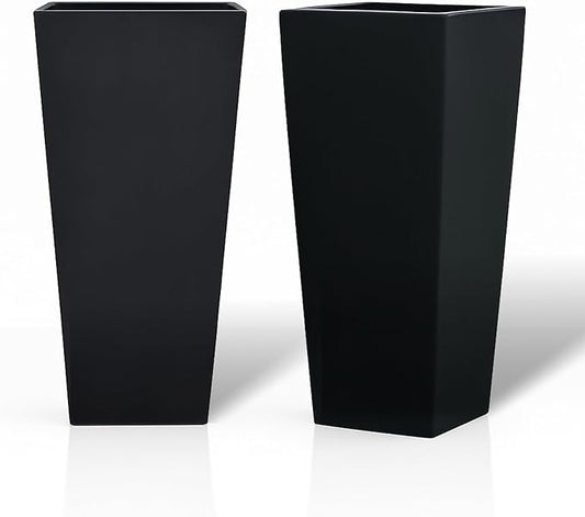 GreenShip 27" Tall Planters, Set of 2 – Black Outdoor Planter for Front Porch & Tall Plants, Weather-Resistant, with Drainage Hole & Rubber Plug (No Plants Included) (Black-2pcs)