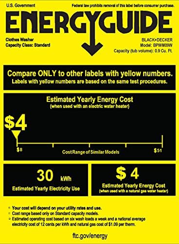 BLACK+DECKER 0.9 Cu. Ft. Portable Washer, 6.6 lb. Capacity Washing Machine for Homes & Apartments, 5 Wash Cycles, Quick Connect Sink Adapter and Drain Hose Included, Transparent Lid, BPWM09W, White