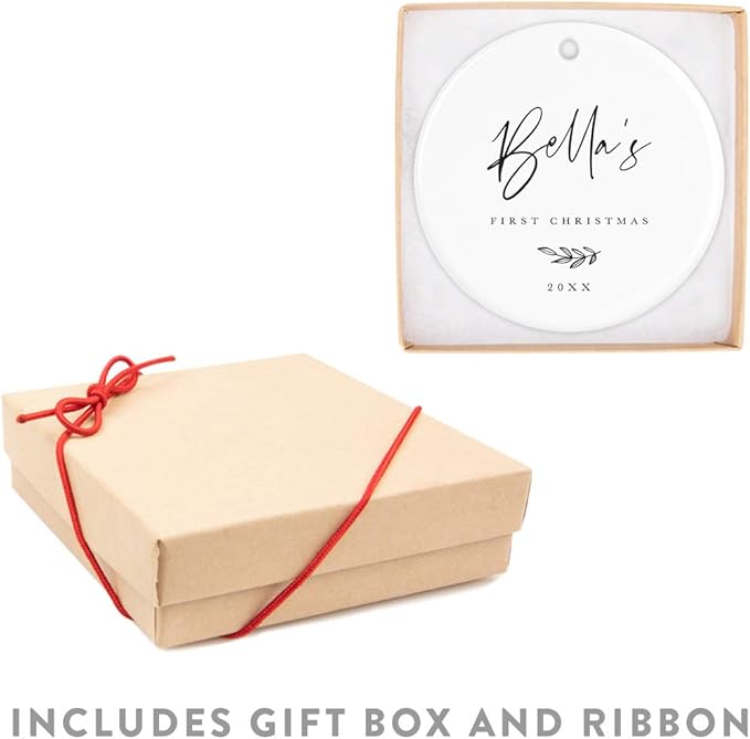 Andaz Press Personalized Baby 1st Christmas Round Ceramic Porcelain Christmas Tree Ornament Engagement Keepsake Collectible Gift, Olivia's First Christmas 2025, Antique Handdrawn, 1-Pack