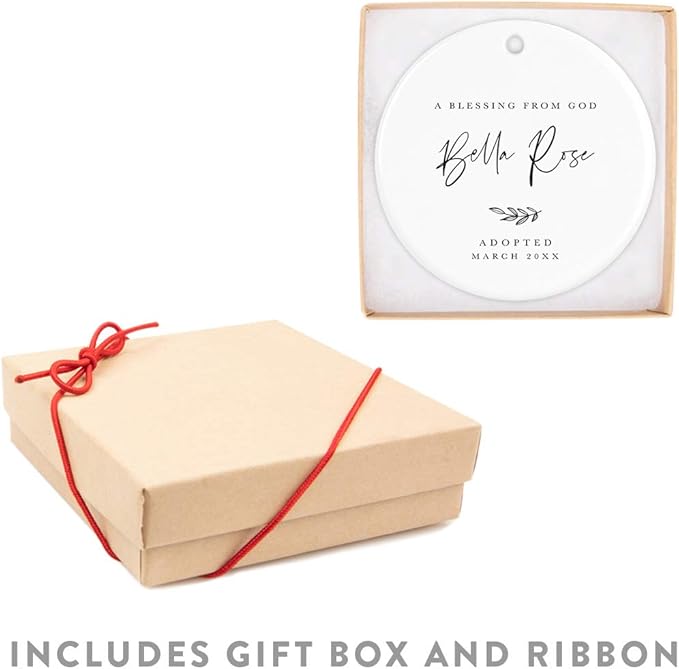 Andaz Press Personalized Adoption Round Ceramic Porcelain Christmas Tree Ornament Keepsake, A Blessing from God Olivia Rose Carter Adopted 2025 Antique Handdrawn, 1-Pack Adoption Ornament 2025