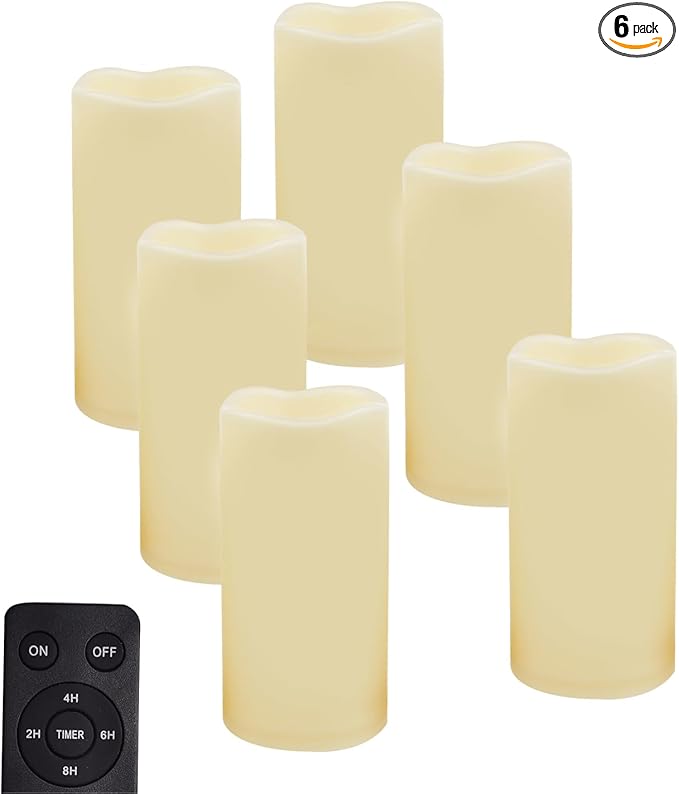 CANDLE CHOICE Waterproof Outdoor Battery Operated Flameless Candles Remote Timer Ivory Plastic Realistic Flickering Fake Electric LED Pillars Lantern Garden Wedding Christmas Decorations 3”x6” 6 Pack