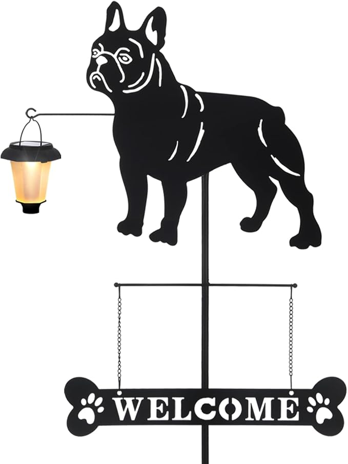 BAYN Solar French Bulldog Silhouette Dog Breed Welcome Sign with a Lantern Outdoor Decorative Garden Stakes for Yard, Lawn, Patio, Pathway
