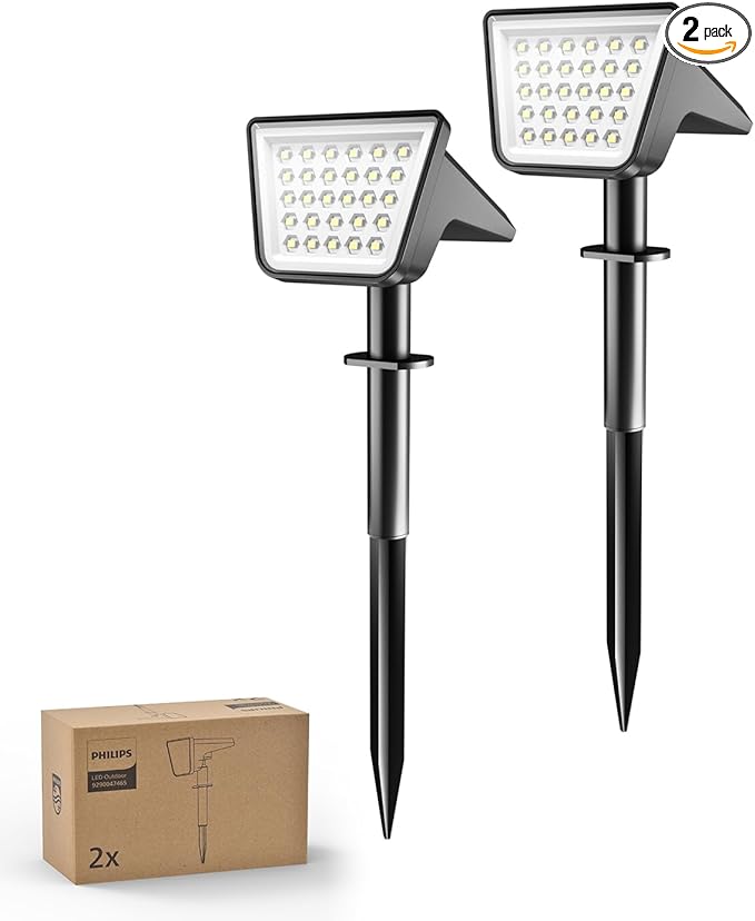 Philips 2 Packs Solar Spot Lights Outdoor Waterproof, 28 LED 7500K Solar Powered Landscape Pathway Lights, Dusk to Dawn Solar Spotlights for Garden, Yard, Lawn, Walkway, Driveway