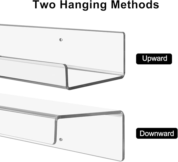 6 Pack Clear Acrylic Floating Shelves for Wall, 15'' Plastic Wall Mounted Display Shelf Kids Bookshelf and Spice Organizer for Bedroom, Living Room, Kitchen, Bathroom, Office