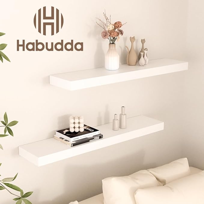 Habudda Floating Shelves for Wall, Display Shelf for Bathroom Bedroom Kitchen, Rustic Decor Pine Solid Wood Bookshelf, 30 Inch Long, Set of 2, White