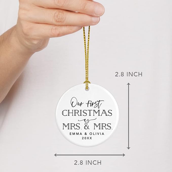 Andaz Press Personalized Our First Christmas As Mrs. & Mrs. 2025 Christmas Ornament Modern Black and White 2.8" Round Porcelain Ceramic Lesbian Married Couple Gay Women Newlyweds Keepsake 1-Pack