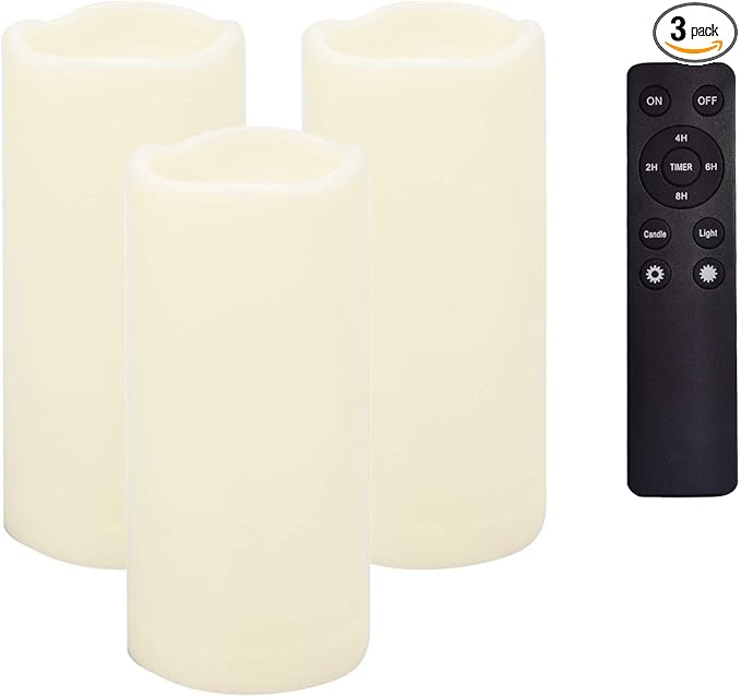 CANDLE CHOICE Waterproof Outdoor Battery Operated Flameless Candles Remote Timer Ivory Tall Plastic Fake Realistic Flickering Electric LED Pillars for Lantern Wedding Christmas Decorations 3”x7” 3PCS