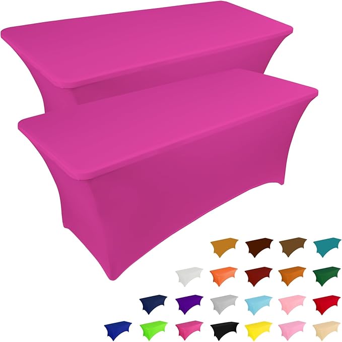 IVAPUPU 2 Pack 8FT Table Cloth for Rectangular Fitted Events Stretch Fuchsia Table Covers Washable Cover Spandex Tablecloth Protector for Party, Wedding, Cocktail, Banquet, Festival