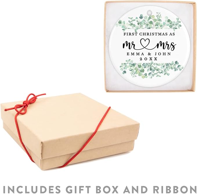 Andaz Press Personalized Our First Christmas As Mr. & Mrs. 2024 Christmas Ornaments Greenery Eucalyptus 2.8" Round Porcelain Ceramic 1st Year Married Custom Ornament Keepsake for Newlyweds 1-Pack