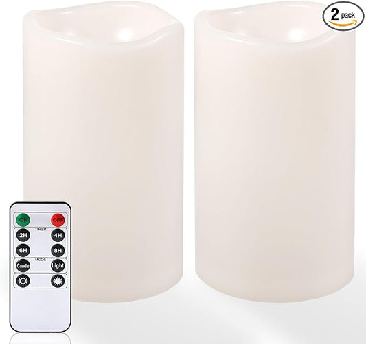 NURADA 6" x 4" Large Outdoor Flameless Candles - Waterproof LED Pillar Flickering Candle Battery Operated with Timer Remote Control for Patio Porch Lanterns Decor - Long Lasting Set of 2