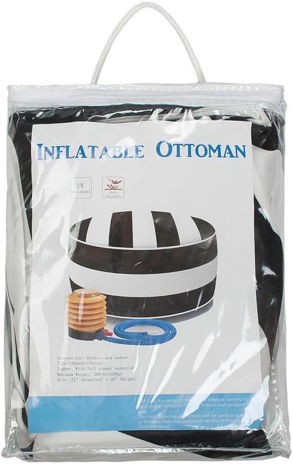 Inflatable Outdoor Ottoman with Air Pump,20"x9" Portable Patio Pouf,Water Resistant,Fade-Resistant,Round Blow Up Footrest Stools for Home Garden Camping Travel(Black White)