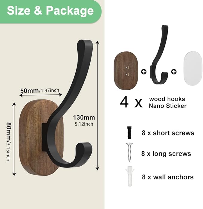 Wall Hooks for Hanging Coats - 4 Pack Coat Hooks Wall Mounted, Wood Coat Hooks for Wall, Bussdis Single Metal Hooks for Hanging Hats, Keys, Towel, Robe, Purse, Jackets, Decorative Livingroom, Bathroom