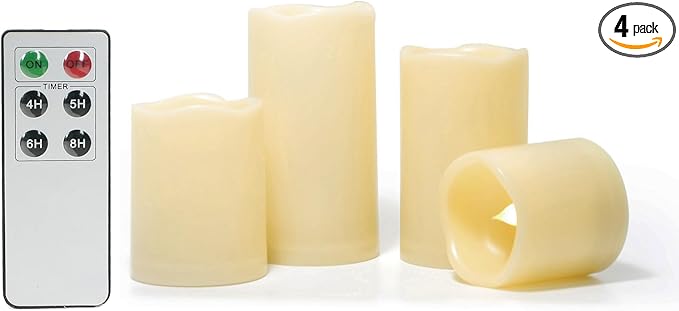 CANDLE CHOICE Outdoor Battery Operated Flameless Candles with Remote & Timer Waterproof Plastic Realistic Flickering Fake Electric LED Pillars for Lantern Garden Wedding Christmas Decorations 4 Pack