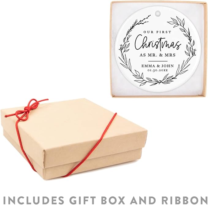 Andaz Press Personalized Our First Christmas As Mr. & Mrs. 2024 Christmas Ornaments Modern Farmhouse Wreath 2.8" Round Porcelain Ceramic 1st Year Married Custom Ornament Keepsake for Newlyweds 1-Pack