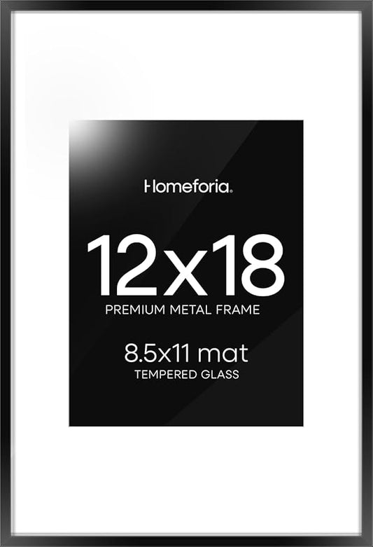 Homeforia 12x18 Picture Frame Black, High End Metal 12x18 Poster Frames with Mat 8.5x11 Photo, 12 x 18 Black Frames Matted to 8.5 by 11 inch Print, 18x12 Thin Frame, Tempered Glass, Wall Kit, Set of 1