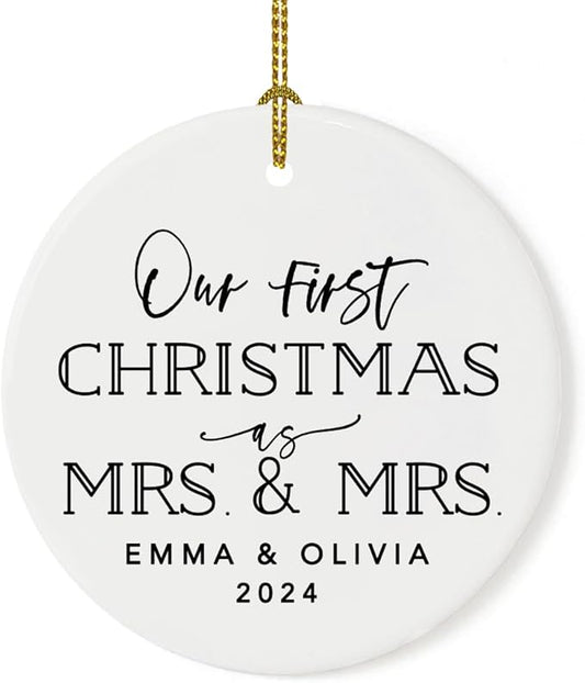 Andaz Press Personalized Our First Christmas As Mrs. & Mrs. 2025 Christmas Ornament Modern Black and White 2.8" Round Porcelain Ceramic Lesbian Married Couple Gay Women Newlyweds Keepsake 1-Pack
