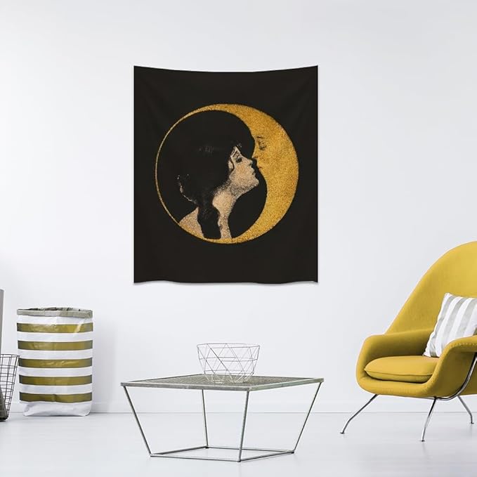 Dark Academia Woman Kissing Moon Art Tapestry Gothic Aesthetic Wall Hanging Witchy Picture Print Moon Goddess Tapestries Wall Decor for Living Room Bedroom Dorm 40x60inch