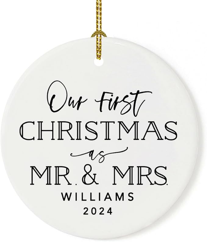 Andaz Press Personalized Our First Christmas As Mr. & Mrs. 2024 Christmas Ornaments Modern Black and White 2.8" Round Porcelain Ceramic 1st Year Married Custom Ornament Keepsake for Newlyweds 1-Pack